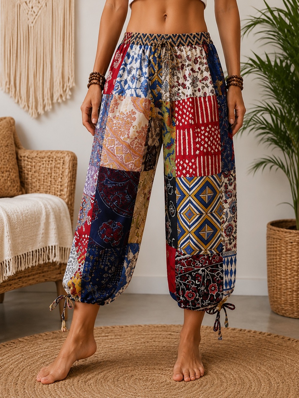 Sacred Threads Handmade India Colorful Patchwork Boho Harem FestivalPants Size M